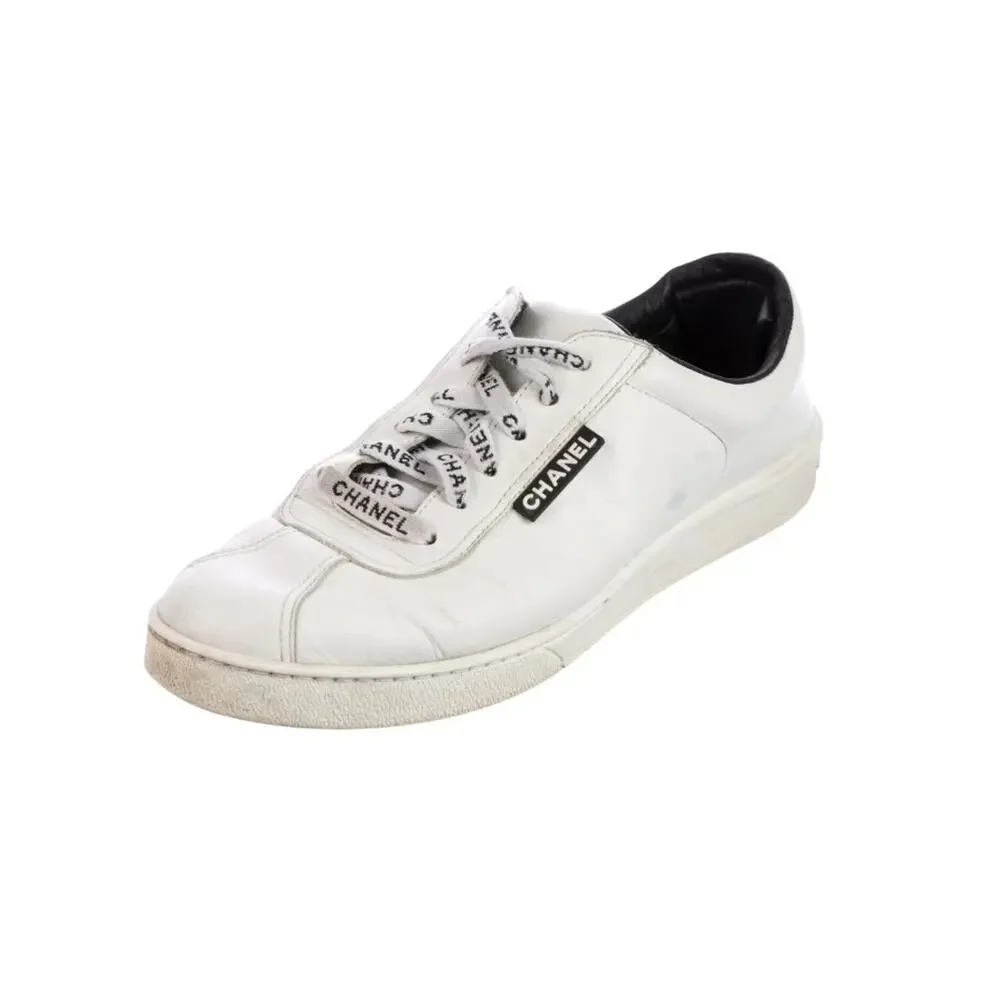 CHANEL CC Logo G34085 White Leather Low Top Lace-Up Sneaker Shoes Size EUR 38